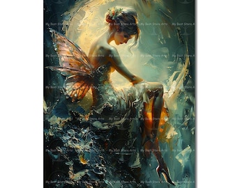 Fairy and Moon Art Print - Fantasy Cottagecore Picture, Gothic Whimsical Fae Poster, Moody Celestial Wall Decor
