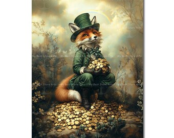 Leprechaun Fox Art Print - Fantasy Cottagecore Picture, Cute Fairytale Poster, Funny Whimsical St. Patrick's Day Animal Decor
