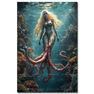 Spooky Octopus Mermaid Art Print - Fantasy Witchy Sea Siren Decor, Mystical Octomaid Woman Picture, Gothic Nautical Ocean Decor