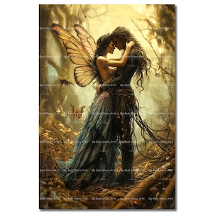 Fae Couple Art Print - Fantasy Cottagecore Picture, Cute Fae Poster, Celestial Romantic Valentines Decor, Pixie Faerie