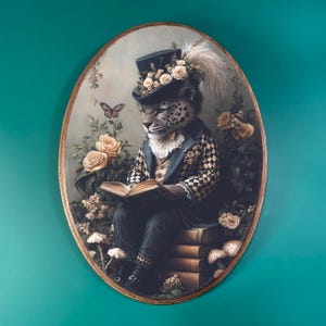 Bookish Leopard Wooden Oval Decor- Fantasy Victorian Animal, Vintage Style Wood Plaque, Moody Cottagecore Art, Whimsical Fairytale Wall Art