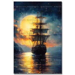 Moonlight Ship Art Print - Dark Academia Poster, Gothic Pirate Wall Decor, Magical Fantasy Painting, Galleon Decor, Nautical Art Gift
