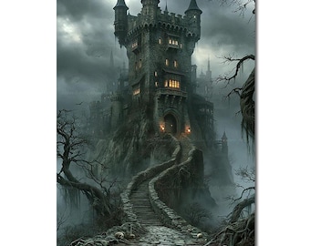 Haunted Gothic Castle Art Print - Dark Academia Halloween Wall Decor, Medieval Fantasy Poster, Spooky Witchy Picture