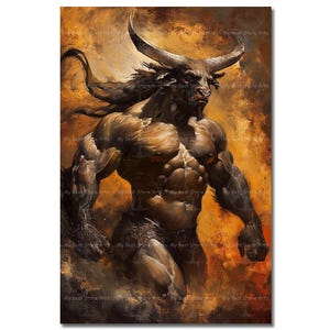 Mythical Minotaur Art Print - Greek Mythology Monster, Fantasy Warrior Bull Beast Decor, Gothic Dark Academia Poster