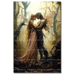 Cute Fairy Couple Art Print - Fantasy Cottagecore Picture, Gothic Fae Poster, Romantic Valentines Decor, Pixie Faerie Celestial