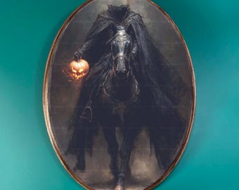 Moody Headless Horseman Wooden Decor - Gothic Vintage Style Wood Plaque, Spooky Dark Academia Wall Art, Fantasy Halloween Art