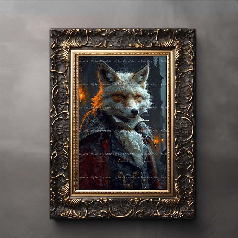 May include: A framed painting of a fox wearing a blue and red coat with a white collar and a white cravat. The fox has a white and orange coat and is looking directly at the viewer. The background is a dark, shadowy scene with a few lights.