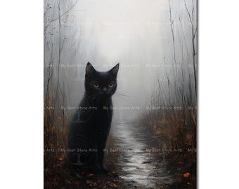 Spooky Cat Art Print - Witchy Cat Poster, Cute Moody Decor, Dark Academia Picture, Gothic Whimsical Halloween Fantasy Art