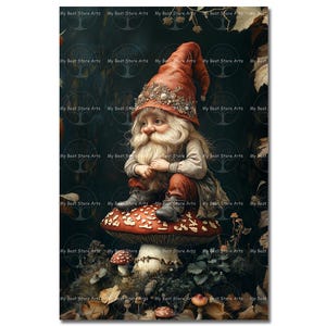 Cute Red Gnome Art Print - Fantasy Cottagecore Picture, Fairy Forest Poster, Whimsical Nature Celestial, Magical Elf, Mushroom Folklore