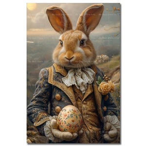 Victorian Easter Rabbit Art Print - Animal Fantasy Poster, Cute Whimsical Picture, Holiday Wall Decor