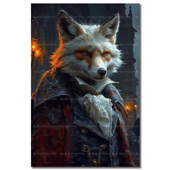 Vampire Fox Art Print - Spooky Whimsical Poster, Gothic Dark Academia Wall Decor, Fantasy Animal Picture