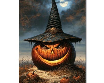 Witch Pumpkin Art Print - Dark Academia Halloween Wall Decor, Spooky Jack O Lantern Poster, Gothic Fall Fantasy Picture