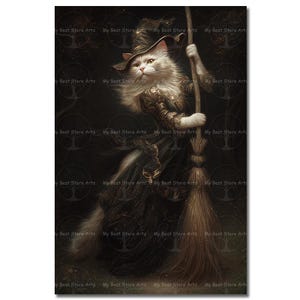 Cat Witch Art Print - Gothic Cottagecore Fantasy Poster, Dark Academia Picture, Halloween Animal Wall Decor, Moody Witchcore Art
