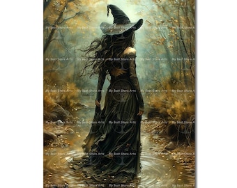 River Witch Art Print - Cottagecore Fantasy Wall Decor, Moody Gothic Picture, Dark Witchcraft Poster, Cute Occult, Fairytale Art