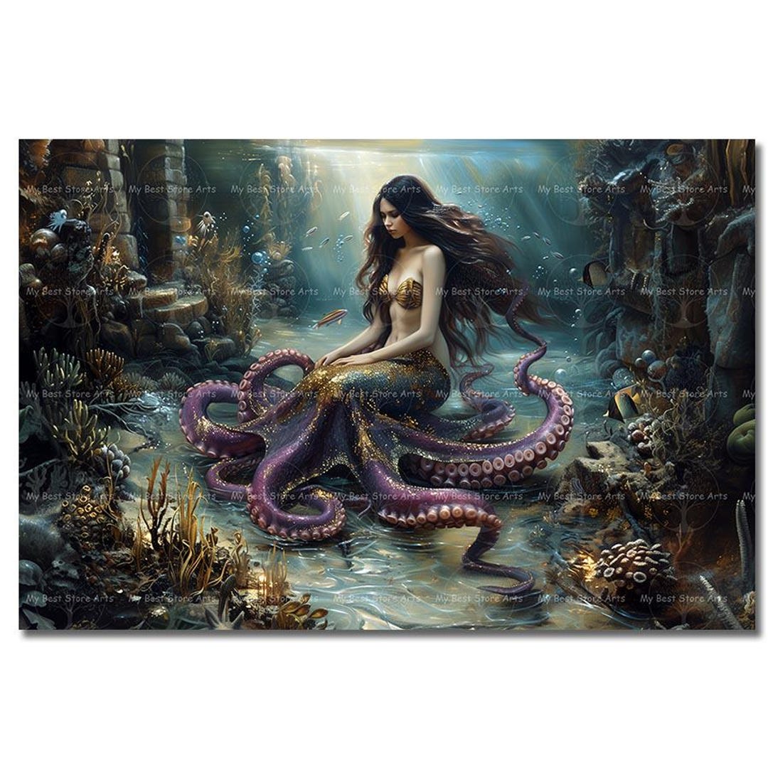 Octopus Mermaid Art Print - Sea Siren Poster, Underwater Fantasy