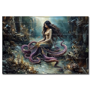 Octopus Mermaid Art Print - Sea Siren Poster, Underwater Fantasy, Ocean Folklore Wall Decor, Gothic Picture