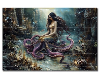 Octopus Mermaid Art Print - Sea Siren Poster, Underwater Fantasy, Ocean Folklore Wall Decor, Gothic Picture
