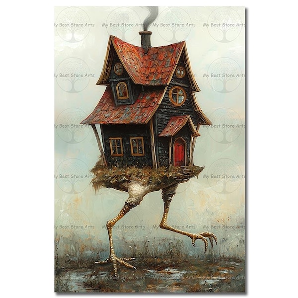 Witchy Baba Yaga House Art Print | Moody Slavic Fairytale Decor | Dark Academia Gothic Pagan Poster | Mystical Cute Occult Fantasy Picture