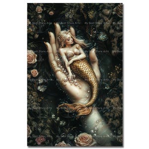Holding Golden Mermaid Art Print - Fantasy Victorian Pearls Hand Picture, Cute Moody Poster, Whimsical Pond Siren Decor, Antique-Themed
