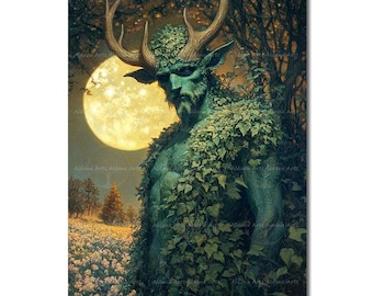 Mystical Cernunnos Luster Art Print - Pagan Altar Poster, Witchy Nature Picture, Celtic Wildlife God Wall Decor