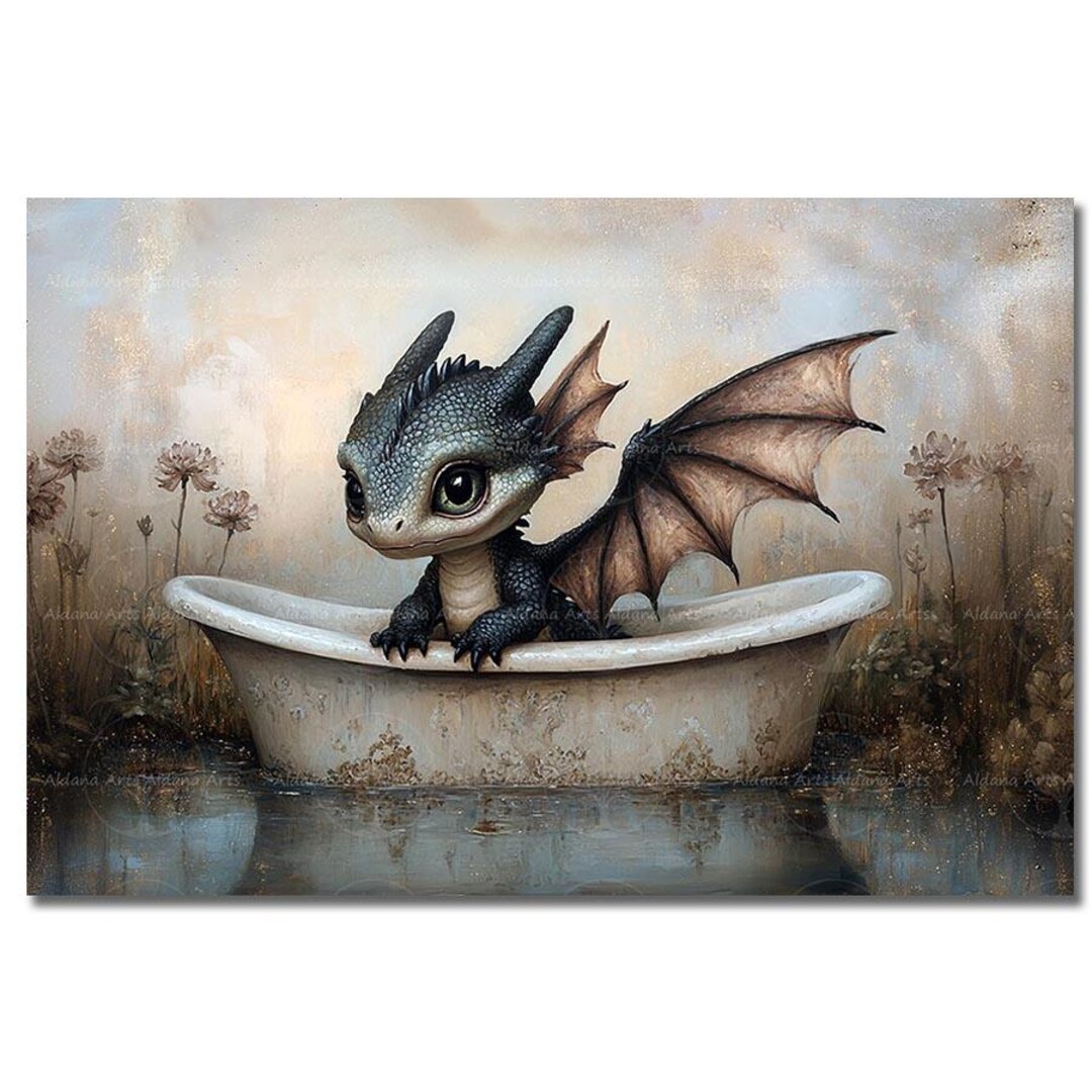 Baby Dragon Bathtub Art Print - Fantasy Wall Decor, Cute Fairytale ...