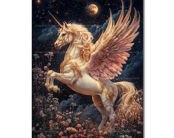 Pegasus Unicorn Art Print - Fantasy Cottagecore Picture, Fairytale Poster, Greek Mythological Winged Horse Wall Decor