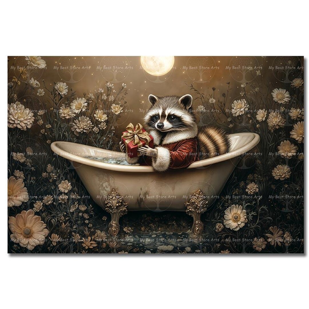 Christmas Bathtub Raccoon Art Print - Cute Animal Wall Decor, Yuletide ...