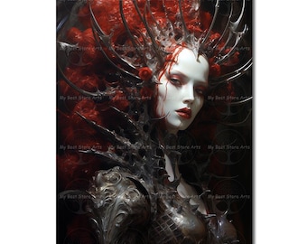 May include: A digital art print featuring a woman with pale skin, red lips, and red hair styled with a spiky crown. She wears dark armor and has red streaks on her face. The background is dark with the text "My Best Store Arts".