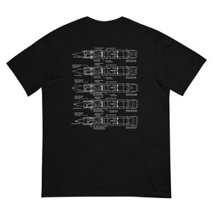 Puede incluir: Una camiseta negra con un gráfico blanco de un cohete en diferentes etapas de vuelo. El gráfico incluye etiquetas de texto para cada etapa, incluyendo "Mach 1.2", "Mach 1.5" y "Mach 2.5".