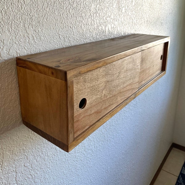 Mid-Century Modern Floating Cabinet with Sliding Wood Doors, Vanity Cabinet