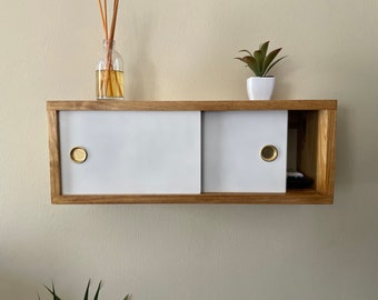 Minimalistic Floating Cabinet, Sliding Acrylic Plexiglass Doors made of solid wood, Wall Cabinet, Bathroom Storage