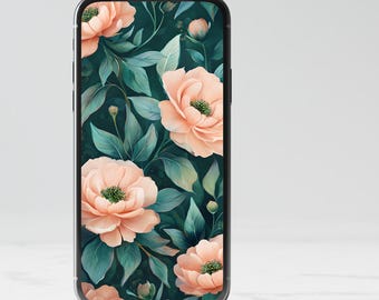 Fondo de pantalla digital para iPhone con peonías de melocotón y fondo floral para pantalla de bloqueo. Descarga instantánea.