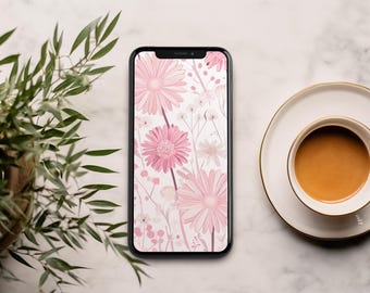 Pink Pastel Daisy Floral Phone Wallpaper Digital Download Lock Screen Background for iPhone & Android
