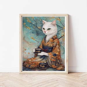 White Cat Kimono Art Print: Whimsical Tea Time Kitty Decor (Digital Download)
