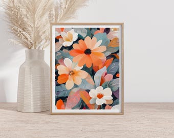 Könnte beinhalten: Ein gerahmter Druck mit einem farbenfrohen Blumendesign mit orangefarbenen, weißen und rosa Blüten auf dunkelblauem Hintergrund.