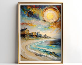 Coastal Beach House Art Print: Vibrant Seaside Landscape (Digital Download)