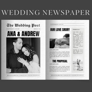 Puede incluir: Un periódico de anuncio de boda en blanco y negro con el titular "The Wedding Post" y los nombres "Ana & Andrew". El periódico presenta una foto de la pareja y texto sobre su historia de amor y su boda.