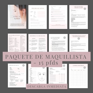 Puede incluir: Un paquete de PDF imprimibles en rosa y blanco para maquilladores. El paquete incluye 15 formularios y listas de verificación para maquilladores para usar con sus clientes. El texto en la portada dice "Paquete de Maquillista - 15 pfds" y "Descarga Inmediata".