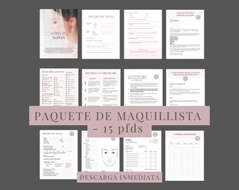 May include: A pink and white printable PDF package for makeup artists. The package includes 15 forms and checklists for makeup artists to use with their clients. The text on the cover reads "Paquete de Maquillista - 15 pfds" and "Descarga Inmediata".