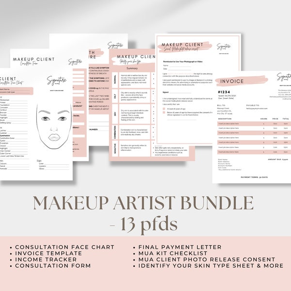 MAKEUP ARTIST Form BUNDLE client consultation, face chart, income sheet tracker, instant download, makeup artist business forms