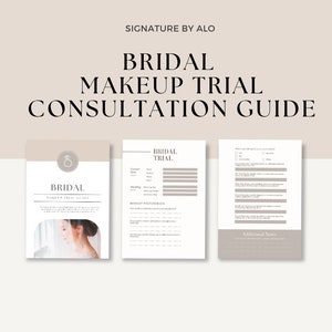 Puede incluir: Una guía de tres páginas para las pruebas de maquillaje de novia. La guía incluye una sección para la información de contacto de la novia, los detalles de la boda, las preferencias de maquillaje y notas adicionales. La portada presenta una foto de una novia con el pelo y el maquillaje hechos.