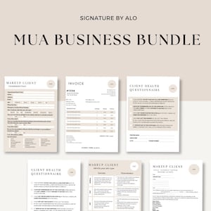 Puede incluir: Un conjunto de seis formularios imprimibles para maquilladores, que incluyen un formulario de consulta de clientes, una factura, un cuestionario de salud de clientes y un resumen de clientes de maquillaje. Los formularios están diseñados en un estilo minimalista con un fondo beige y texto negro.