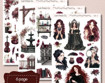 Pode incluir: Um conjunto de autocolantes de 6 páginas com ilustrações em aquarela com tema gótico. Os autocolantes incluem imagens de mulheres, um violino, uma fonte, uma casa e outros elementos decorativos em tons de bordô, preto e branco. O texto "Lush Petals Co." é visível.
