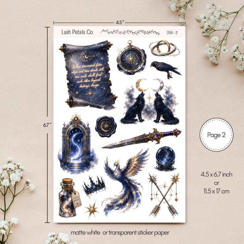 May include: A sticker sheet measuring 4.5 inches by 6.7 inches from Lush Petals Co. featuring celestial and fantasy illustrations including a scroll with text, a compass, wolves, a phoenix, a sword, a crystal ball, and a potion bottle.