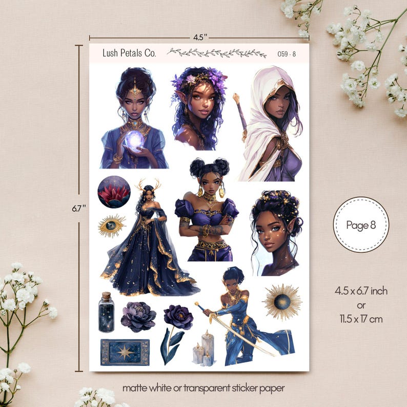 May include: A sticker sheet measuring 4.5 by 6.7 inches featuring fantasy illustrations of characters with dark skin, purple and gold accents, floral motifs, a sword, a potion bottle, and candles. The text reads Lush Petals Co. 059-8 and Page 8.
