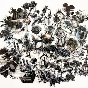 Lot de 50 autocollants gothiques sombres roses noires, autocollants en vinyle transparent découpés avec des matrices, scrapbooking, journalisation artistique, papercraft, autocollants déco de journal indésirable