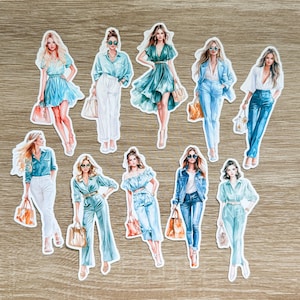 Lot de 10 autocollants fille printanière en bleu, autocollants découpés, scrapbooking, fabrication de cartes, tenue d'un journal artistique, papercraft, autocollants déco pour journal indésirable
