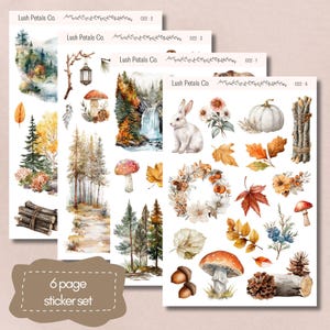 May include: A sticker set with six pages of watercolour illustrations depicting autumnal themes. The stickers show a waterfall, a white rabbit, mushrooms, autumn leaves, and a pumpkin. The text "Lush Petals Co." and "6 page sticker set" are visible.