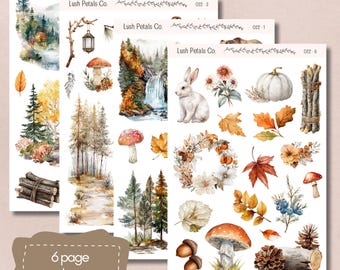 Fall Woodland Forest Sticker Sheets for planners, bullet journal, scrapbooking, card making, papercraft, junk journal, aesthetic stickers