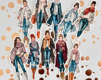 Autumn Fashion Girl Sticker Set of 10, Die Cut Stickers, Scrapbooking, Carding Making, Art Journaling, Papercraft,Junk Journal Deco Stickers